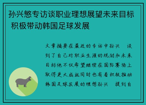 孙兴慜专访谈职业理想展望未来目标 积极带动韩国足球发展
